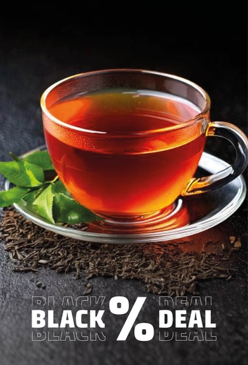 Cup of tea with leaves and Black Deal offer, dark background