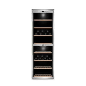 A silver wine cooler with a glass door and wooden shelves, filled with wine bottles.