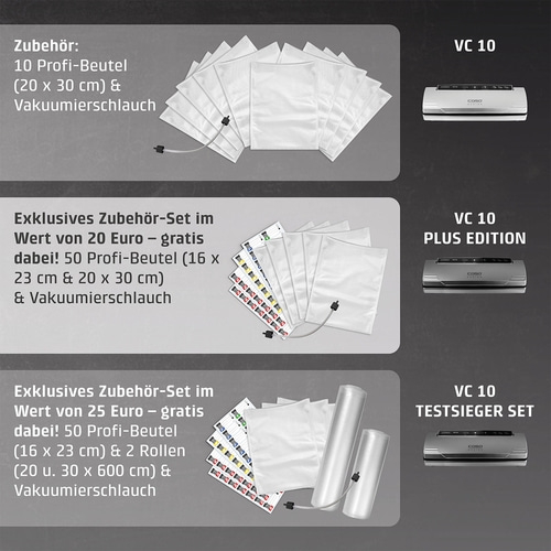 VC 10 PlusEdition Vakuumiergerät mit extra viel gratis Zubehör. Stiftung Warentest Testsieger GUT (2,0), Ausgabe 01/2018