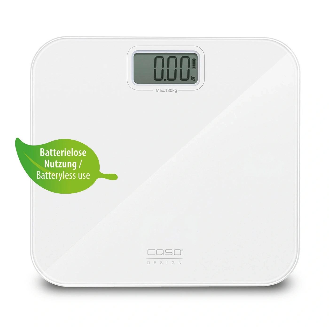 White digital scale with green label indicating battery-free use, displaying 0.00 kg.