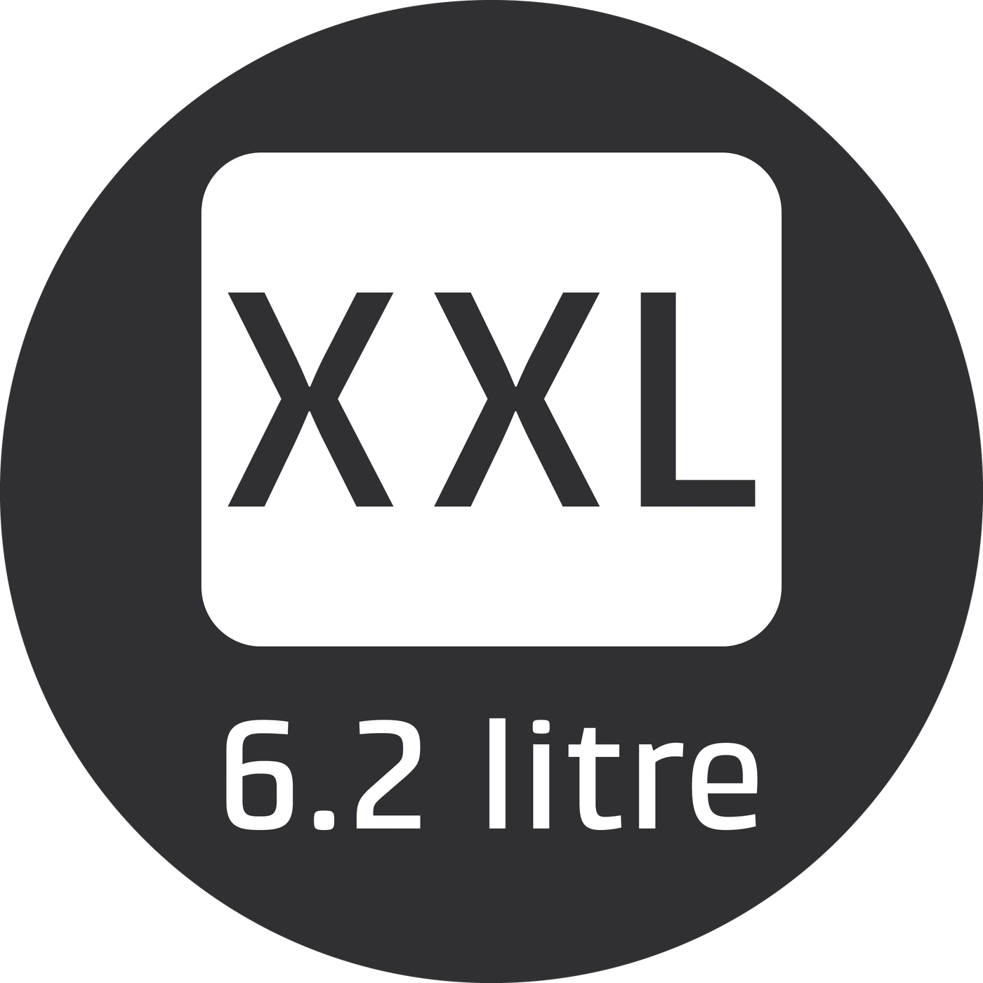 XXL 6.2 liter capacity symbol in a dark circle