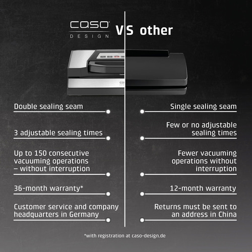 Comparison Caso Design vs. Others: Double seal, 36 months warranty, headquarters in DE.