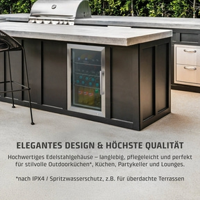 Outdoor kitchen with fridge, elegant design and high quality.