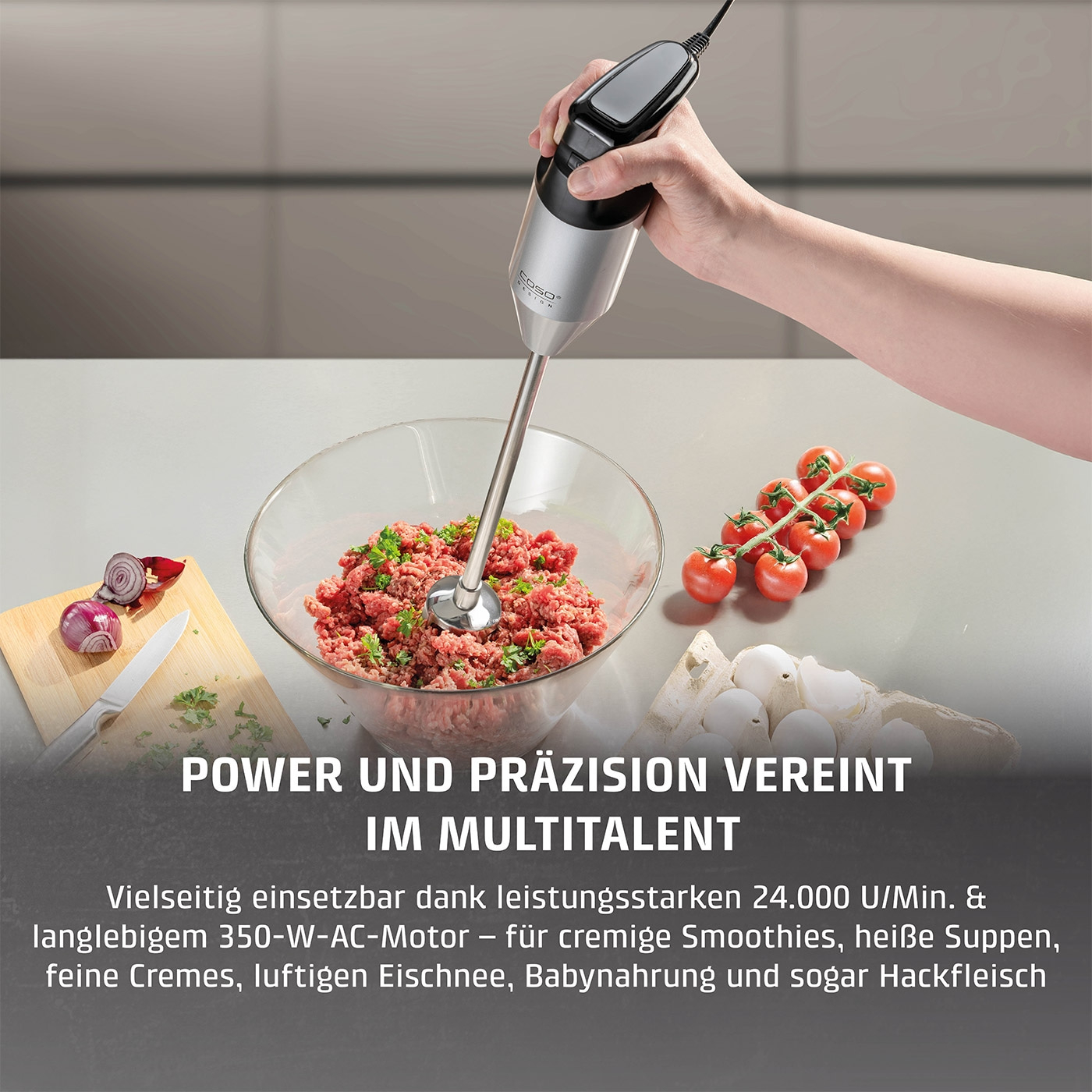 Handmixer in Aktion, Hackfleisch zubereiten, vielseitig einsetzbar, Power und Präzision.