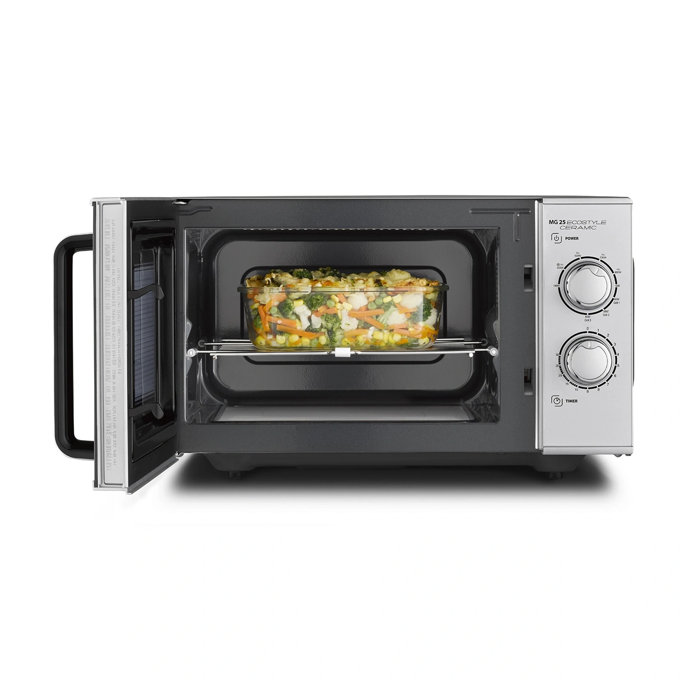Mikrowelle mit Gemüse gefüllt, geöffnet, bereit zum Kochen, Innenansicht, Nahaufnahme