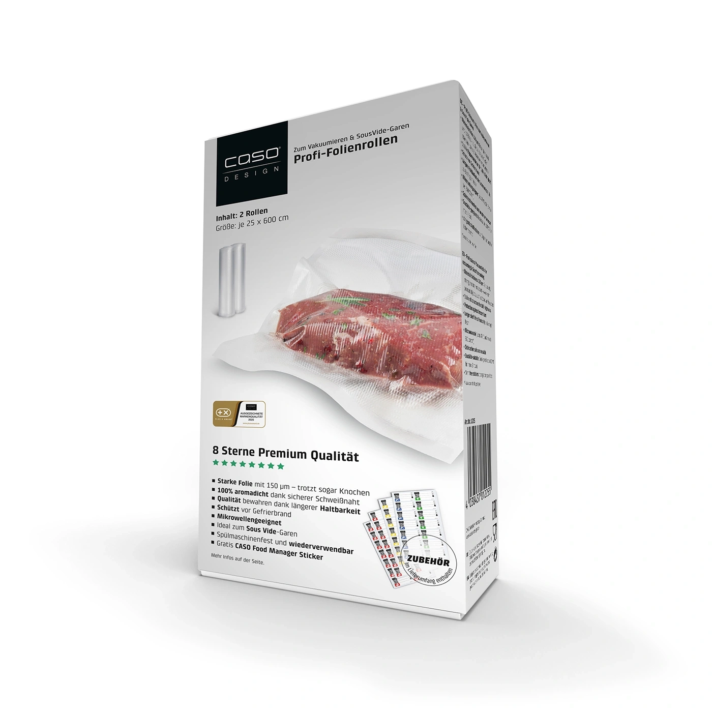 A roll of vacuum sealing film for food with meat, enabling sous-vide cooking.