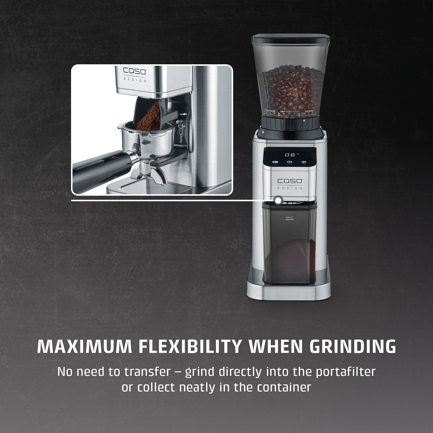 A stainless steel coffee grinder with grounds in the portafilter and container.