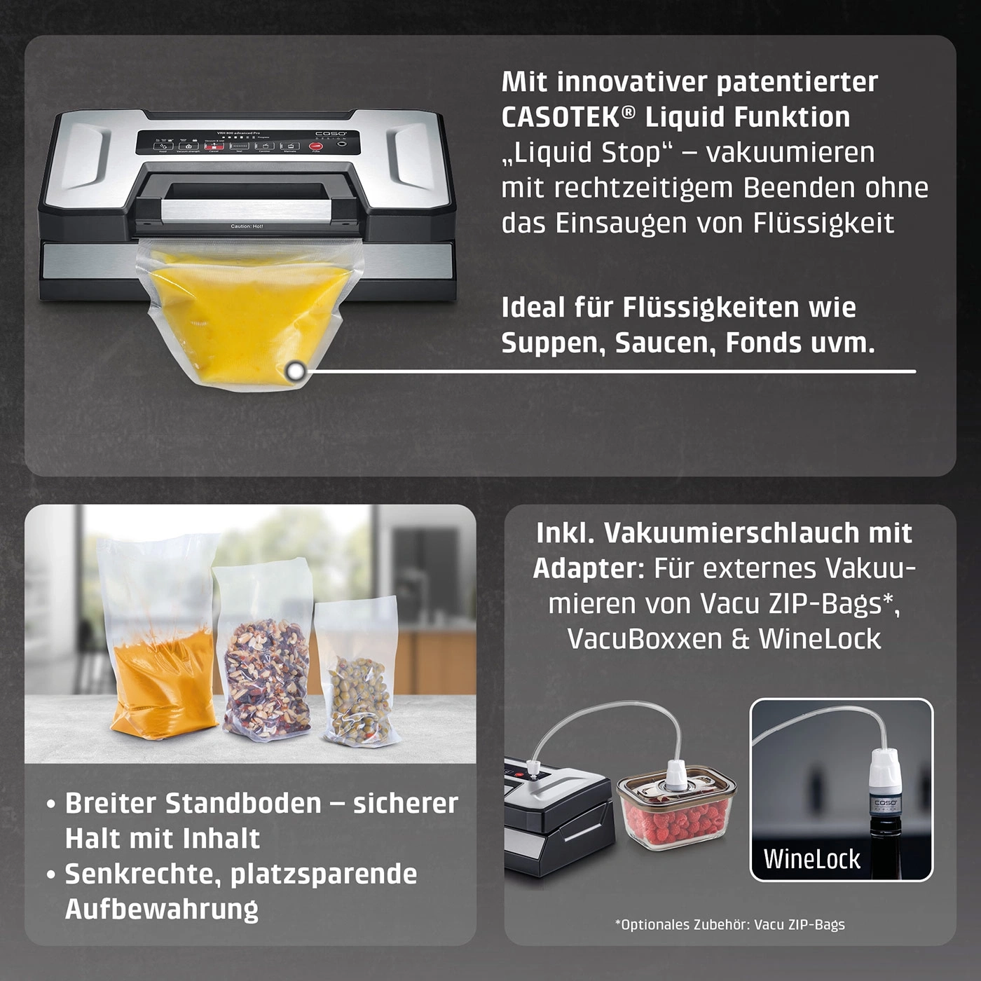 Vakuumiergerät mit Zubehör für Flüssigkeiten, Beutel und Behälter.