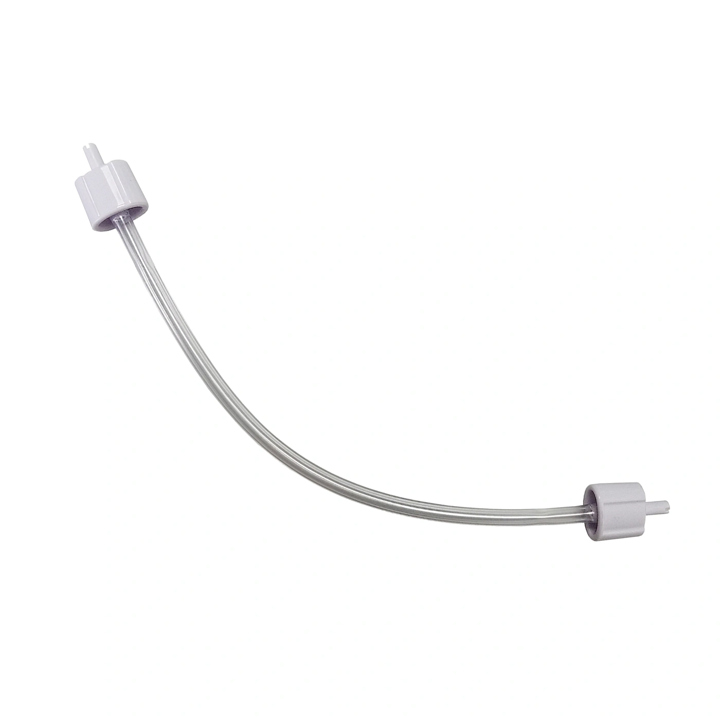 A curved, transparent tube with white end pieces, isolated on a white background.