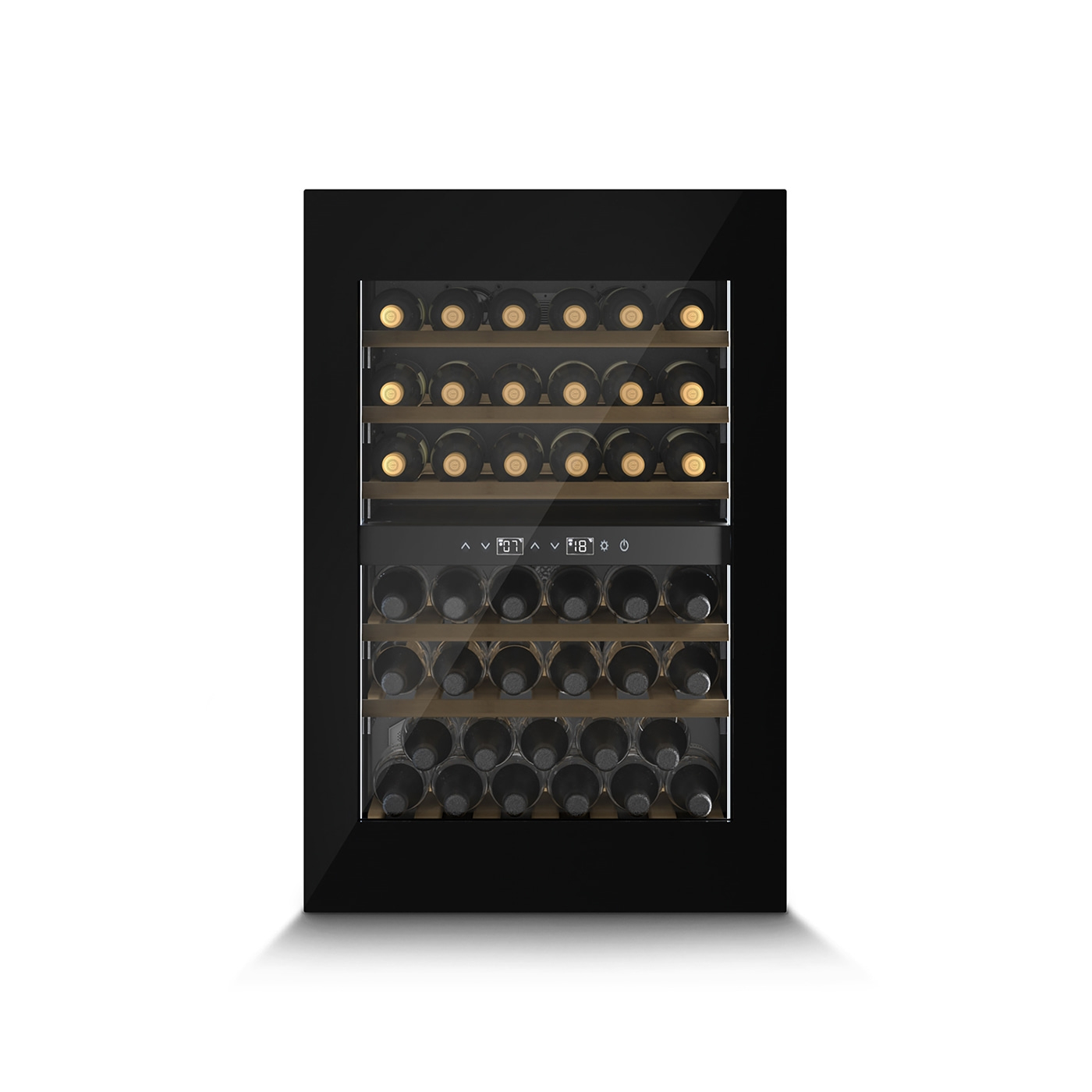 Weinkühlschrank mit Flaschen, Temperaturanzeige und schwarzem Rahmen.