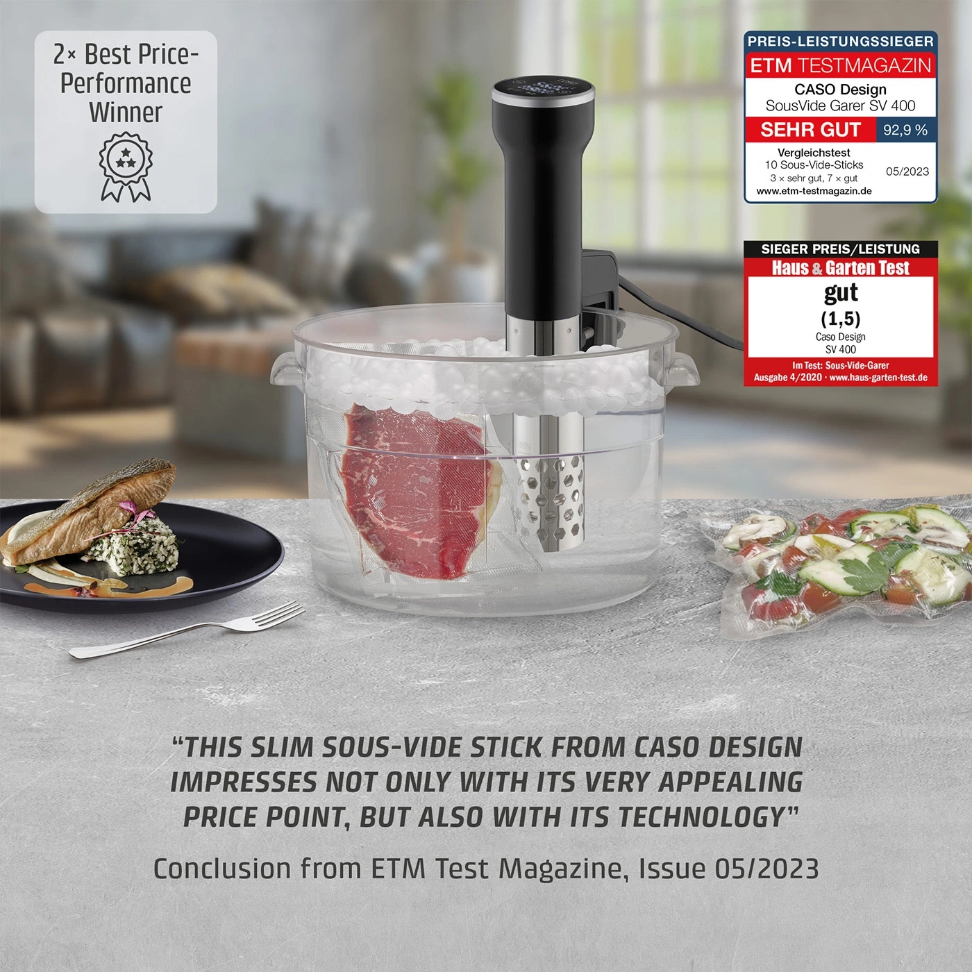 A Caso Design sous vide cooker with steak and salmon.