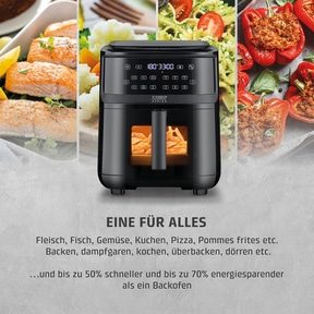 AirFry & Steam 700 3 cooking methods in one appliance - steam cooking, hot air frying or in combination Air fryer with food, text: One for all, faster and more energy efficient.