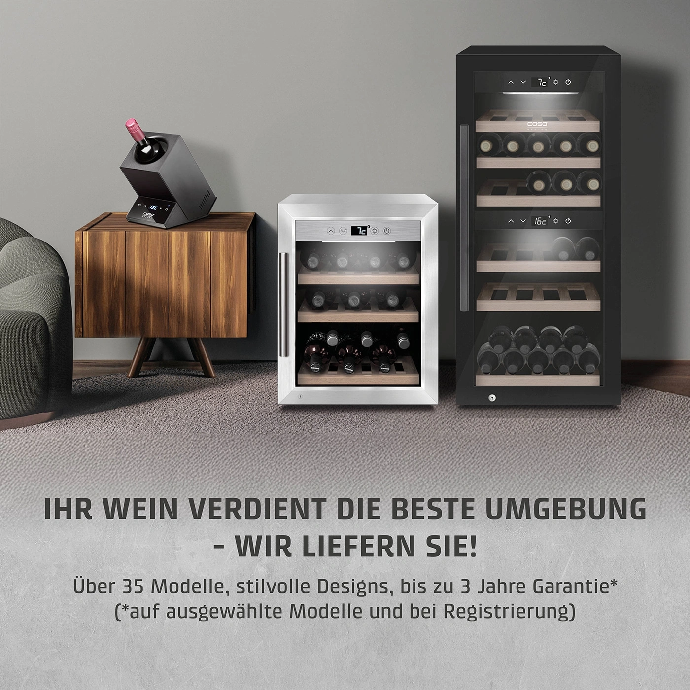 Weinkühler-Anzeige mit Text: Ihr Wein verdient die beste Umgebung - Wir liefern Sie!