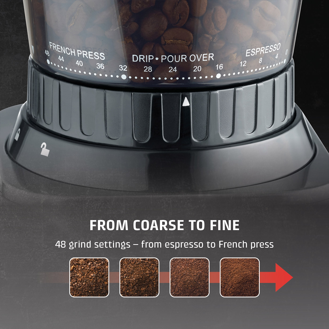 Coffee grinder with grind settings from coarse to fine for espresso to French press.
