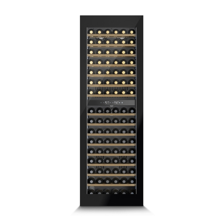 Wine cooler with many wine bottles, black, glass front, temperature display