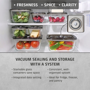 Refrigerator with food containers: vacuum, space-saving, organized, system for freshness.