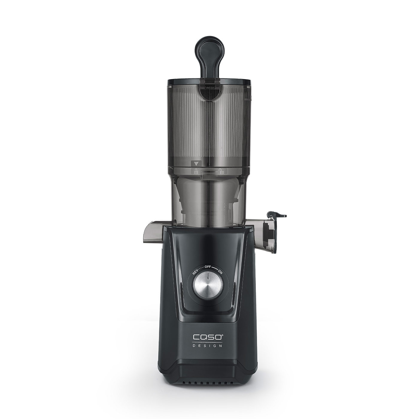 Black juicer with dial and COSO Design logo, isolated on white background.