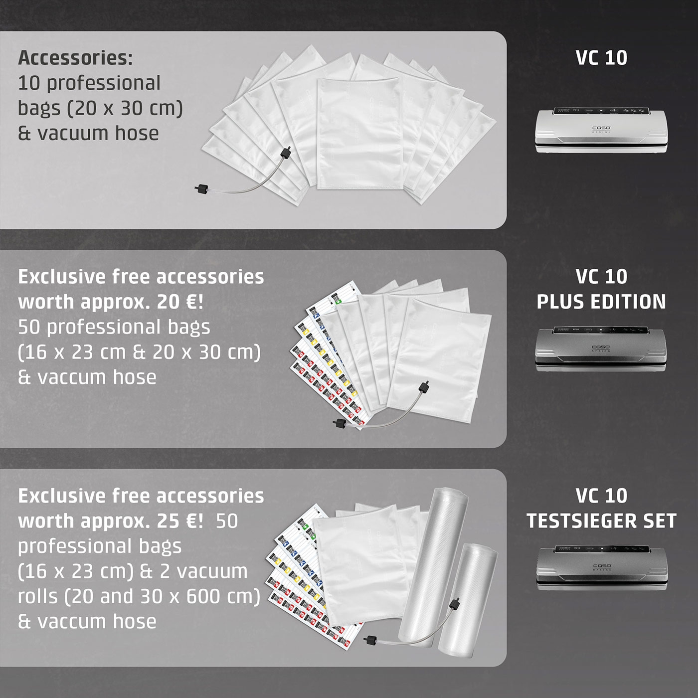 Vacuum sealer accessory sets: VC 10, Plus Edition, Testsieger Set with bags and tubes