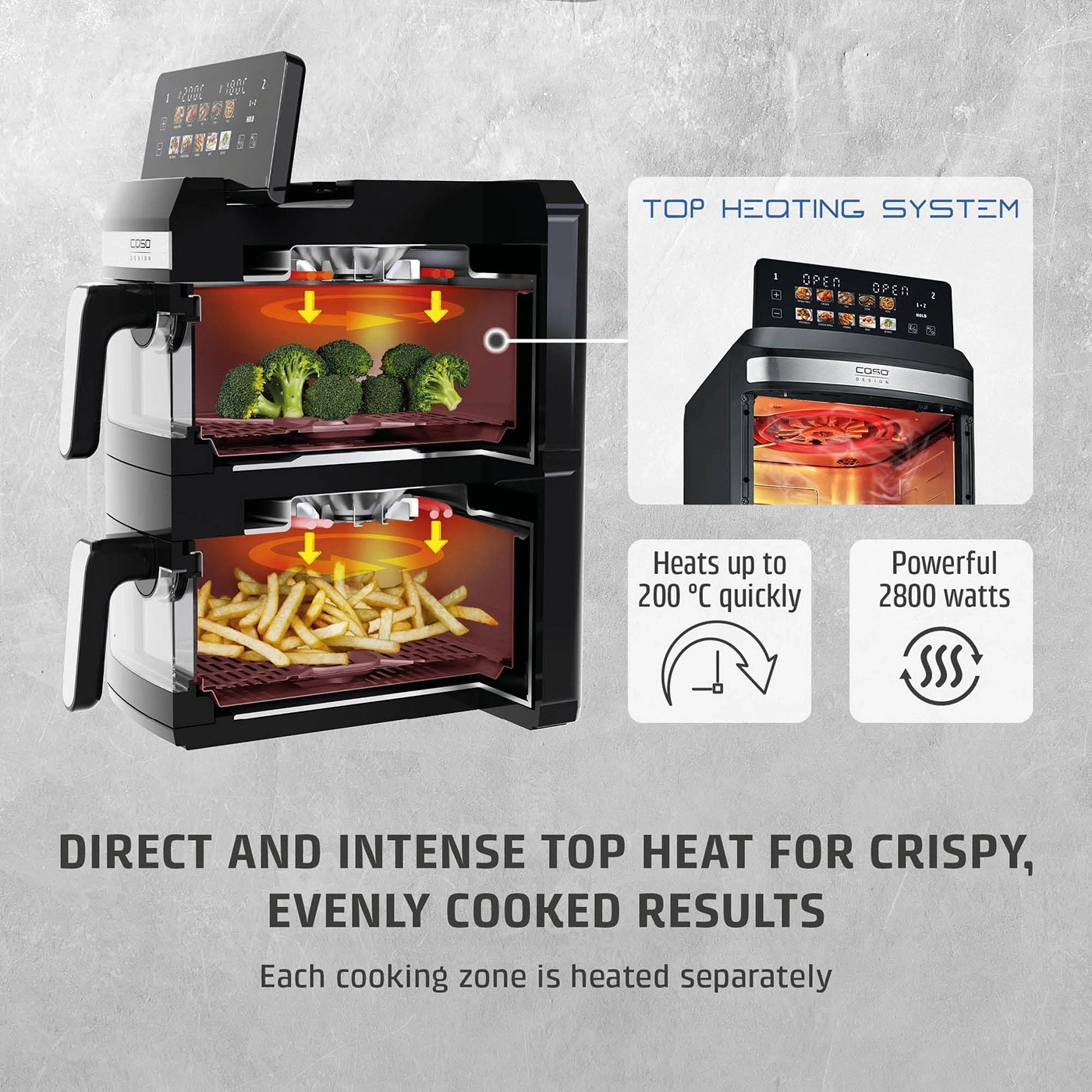 Double air fryer with two cooking zones and digital display