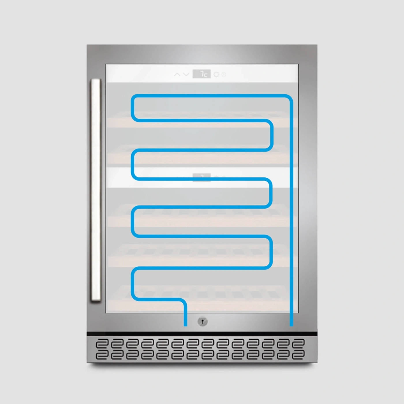 Wine cooler with blue line showing the cooling circuit inside the fridge.