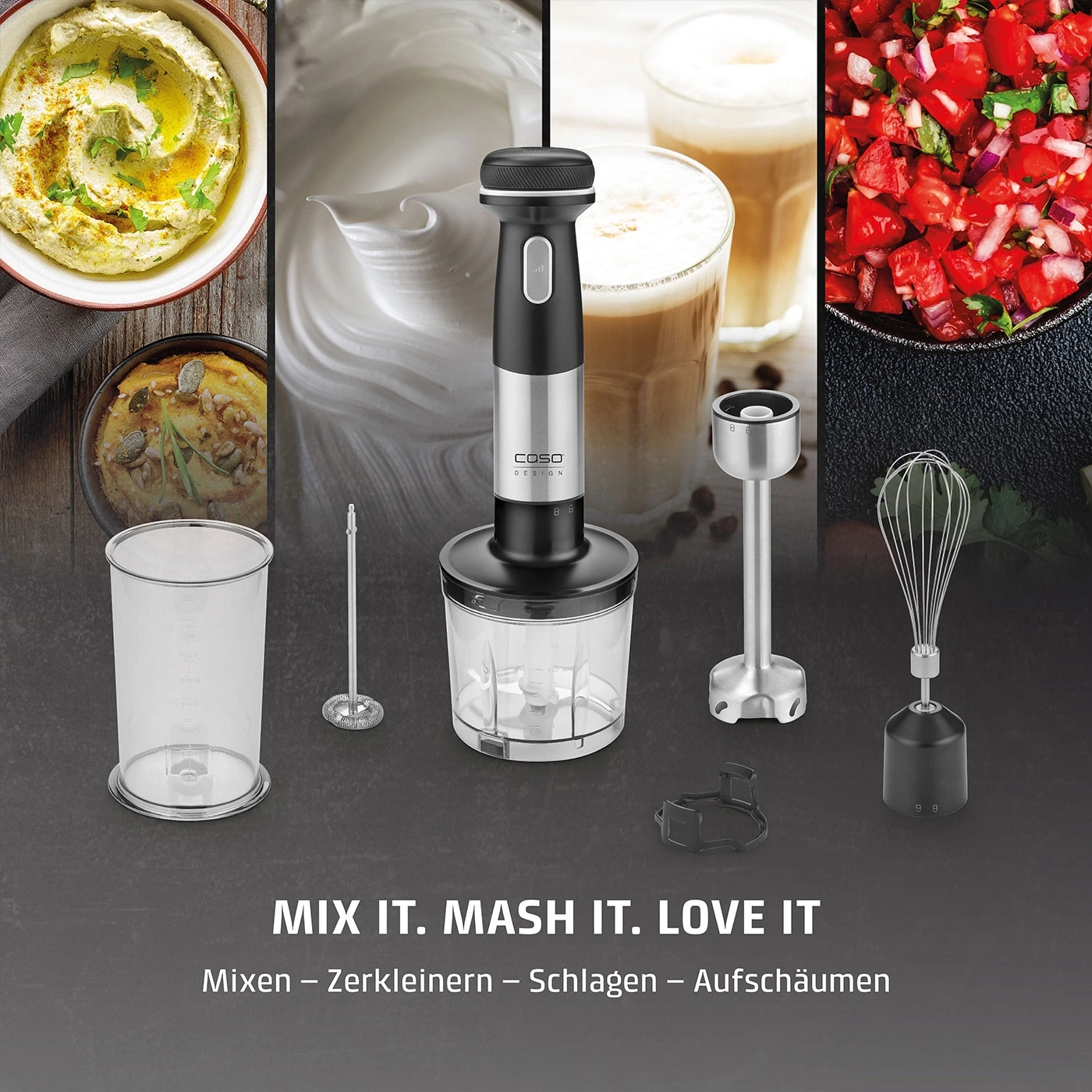 Mixer mit Zubehör und Speisen, Text: Mixen, Zerkleinern, Schlagen, Aufschäumen