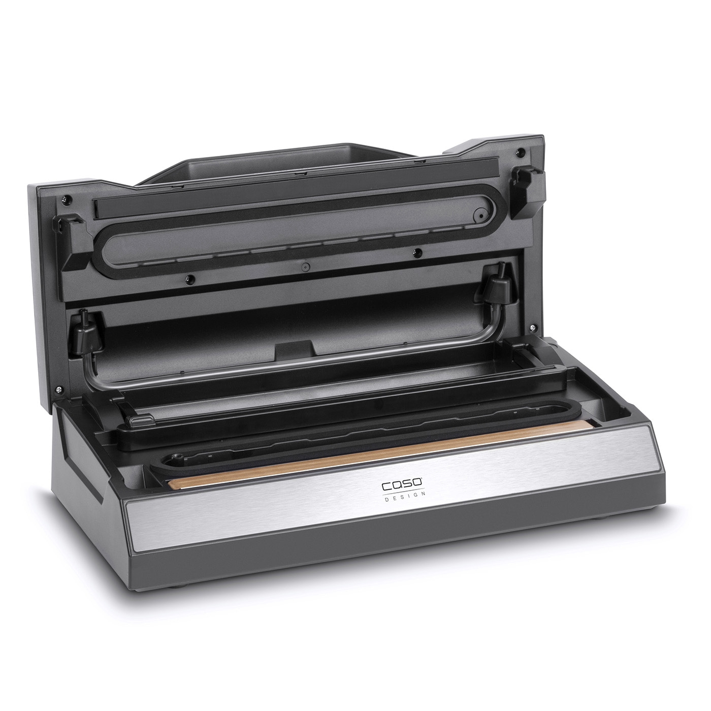 Vacuum sealer, open, with silver front and black lid, Caso Design