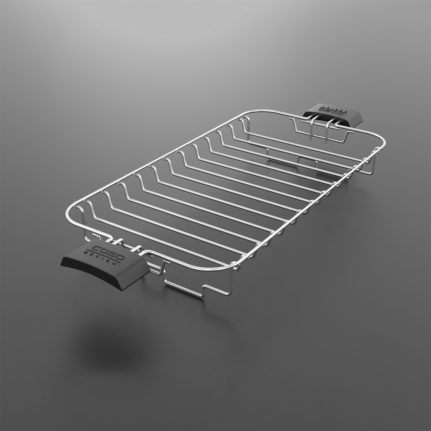 Stainless steel dish rack with black handle, Caso Design, on gray background