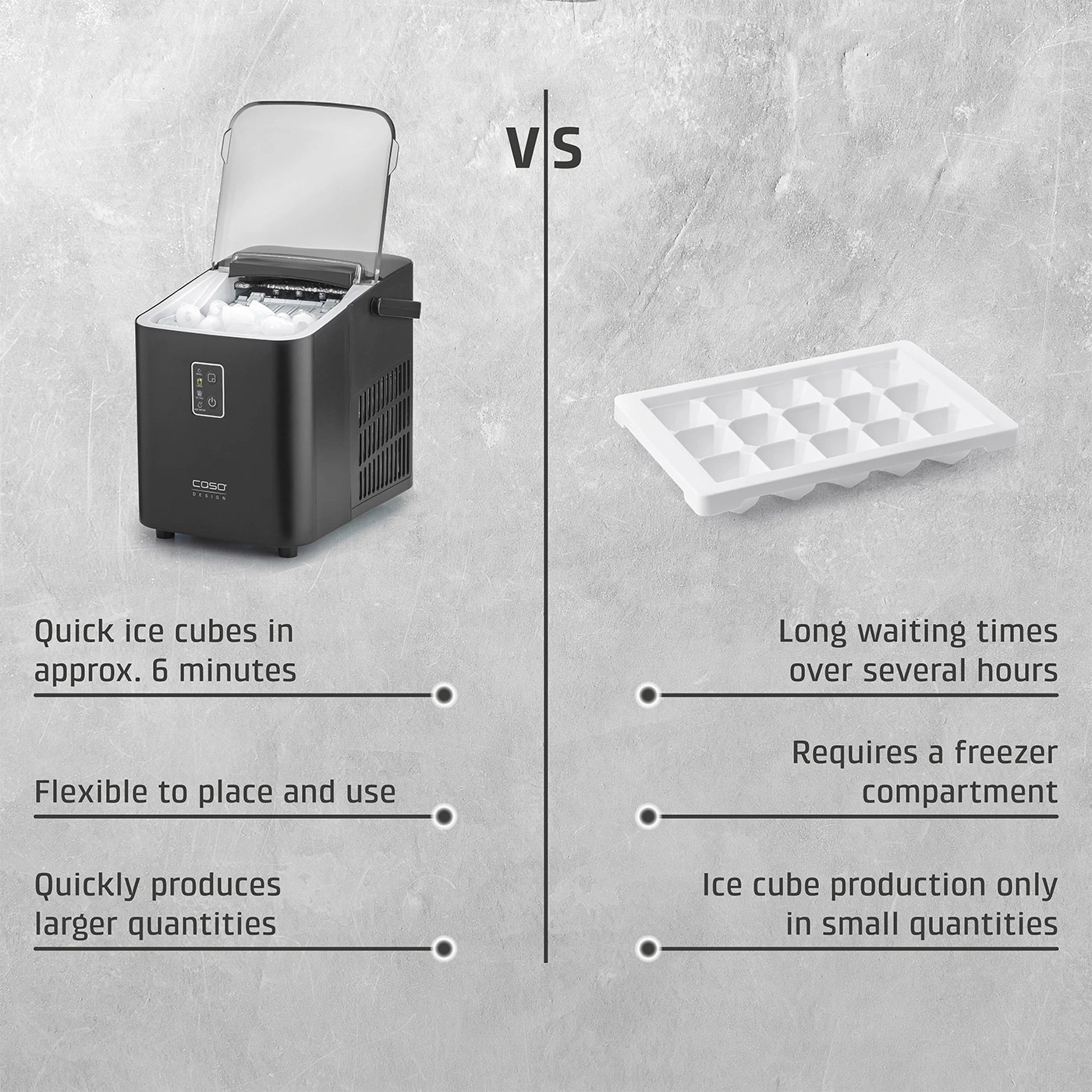 Ice maker vs. ice cube tray: Fast ice cubes vs. long waiting time.