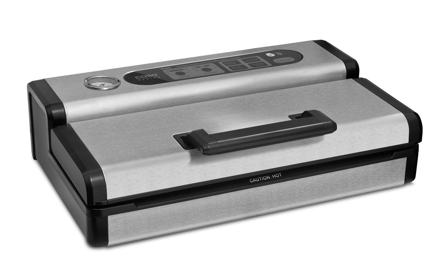 Silver vacuum sealer with black handle and control panel. Text: CAUTION HOT.