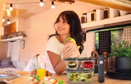 Frau mit Essen in der Küche, mit Behältern und Vakuumierer.