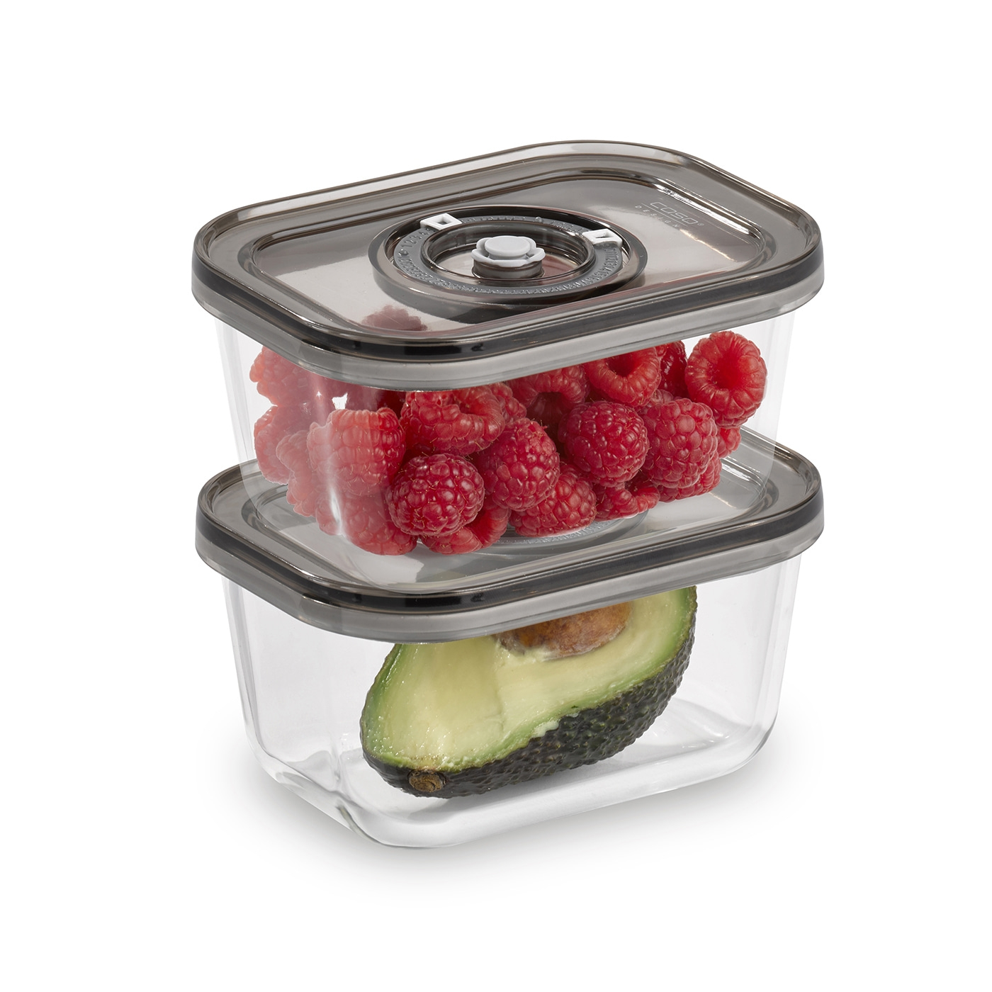 Two clear containers stacked, one with raspberries, the other with avocado.