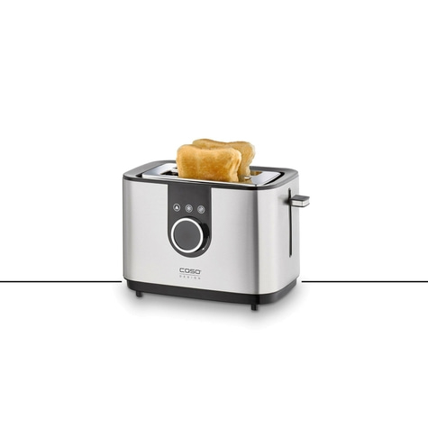 A silver toaster with two slices of toast, black control panel, and a logo on the front.