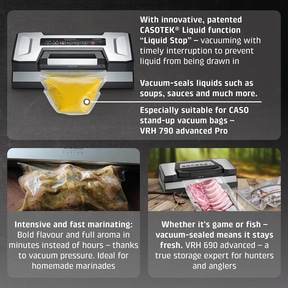 Vacuum sealer with text about liquids, marinating, and wild game or fish.