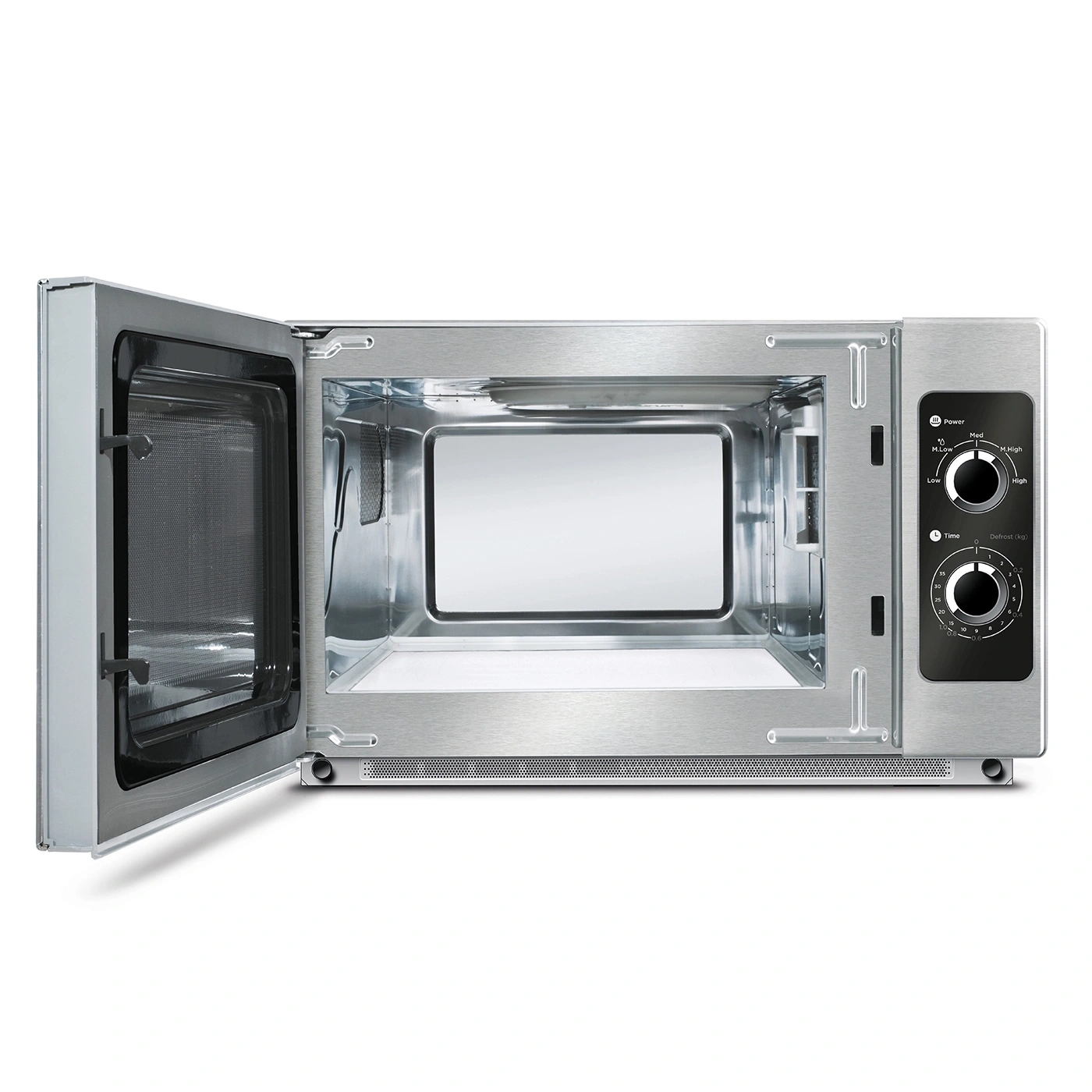 Open microwave with control panel and open door, interior view, stainless steel
