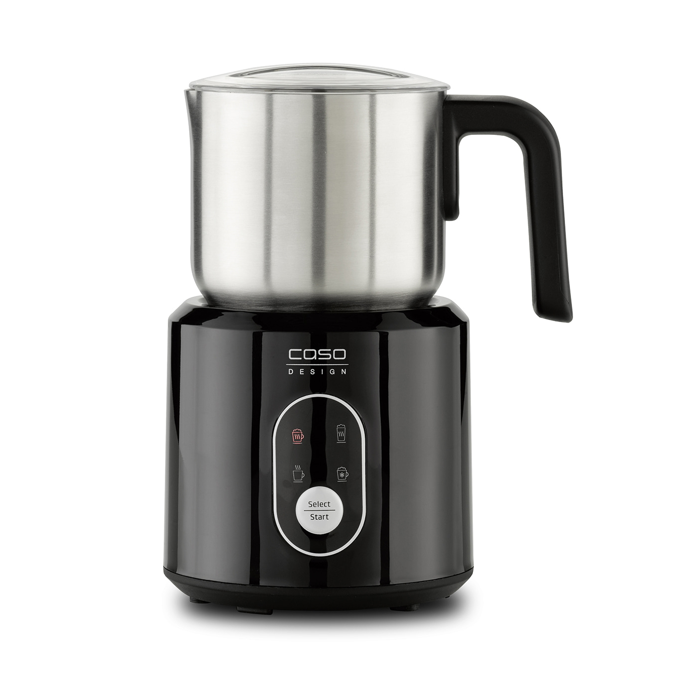 Black milk frother with stainless steel container and control panel