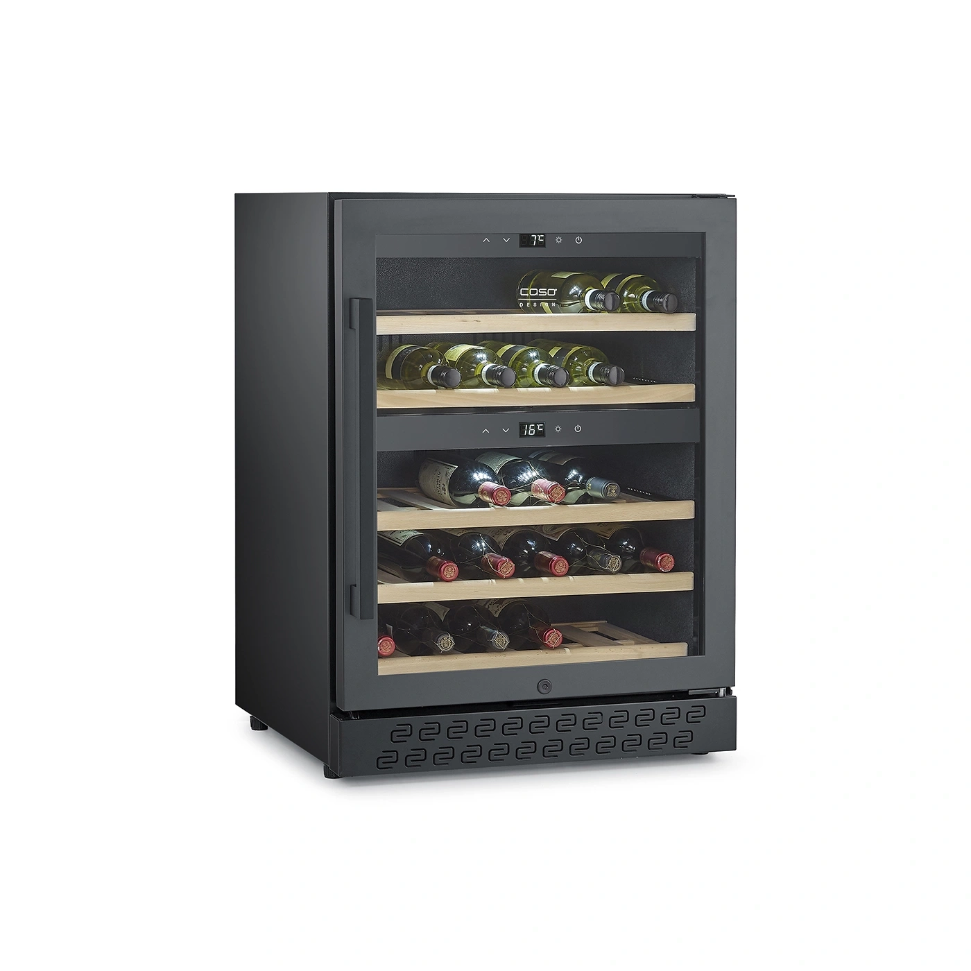Ein schwarzer Weinkühlschrank mit Holzböden und Weinflaschen.