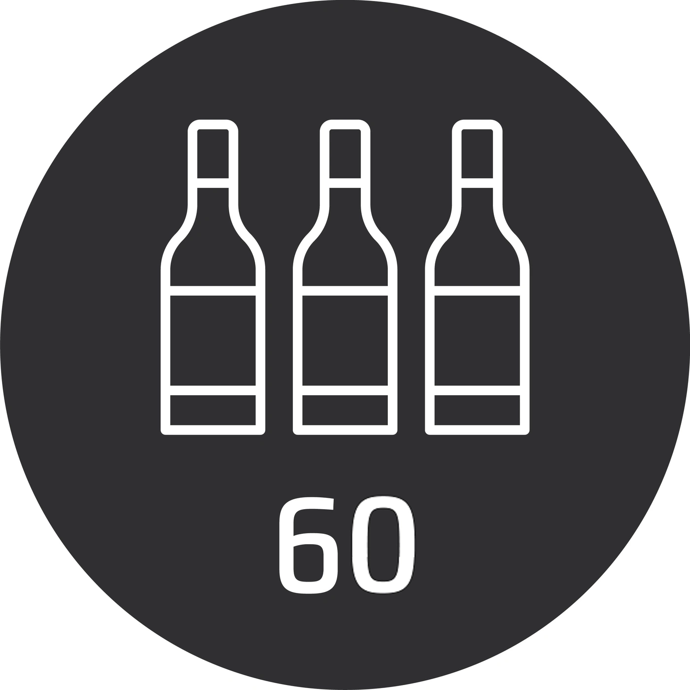 Kreis mit Weinflaschen und der Zahl 60, Symbol für 60 Flaschen Wein.