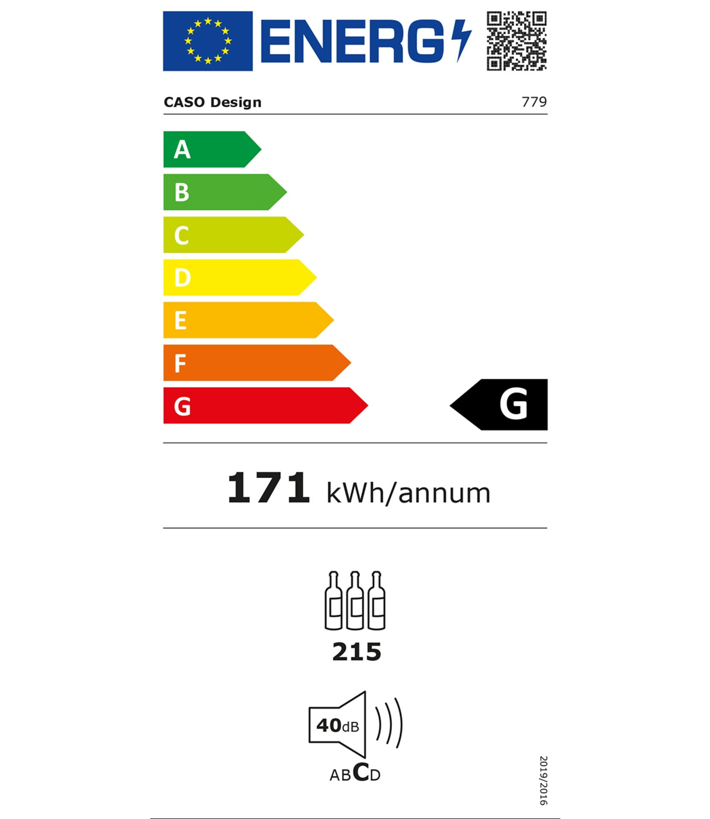 Energy label for wine cooler: energy efficiency G, 171 kWh/annum, 40dB noise level