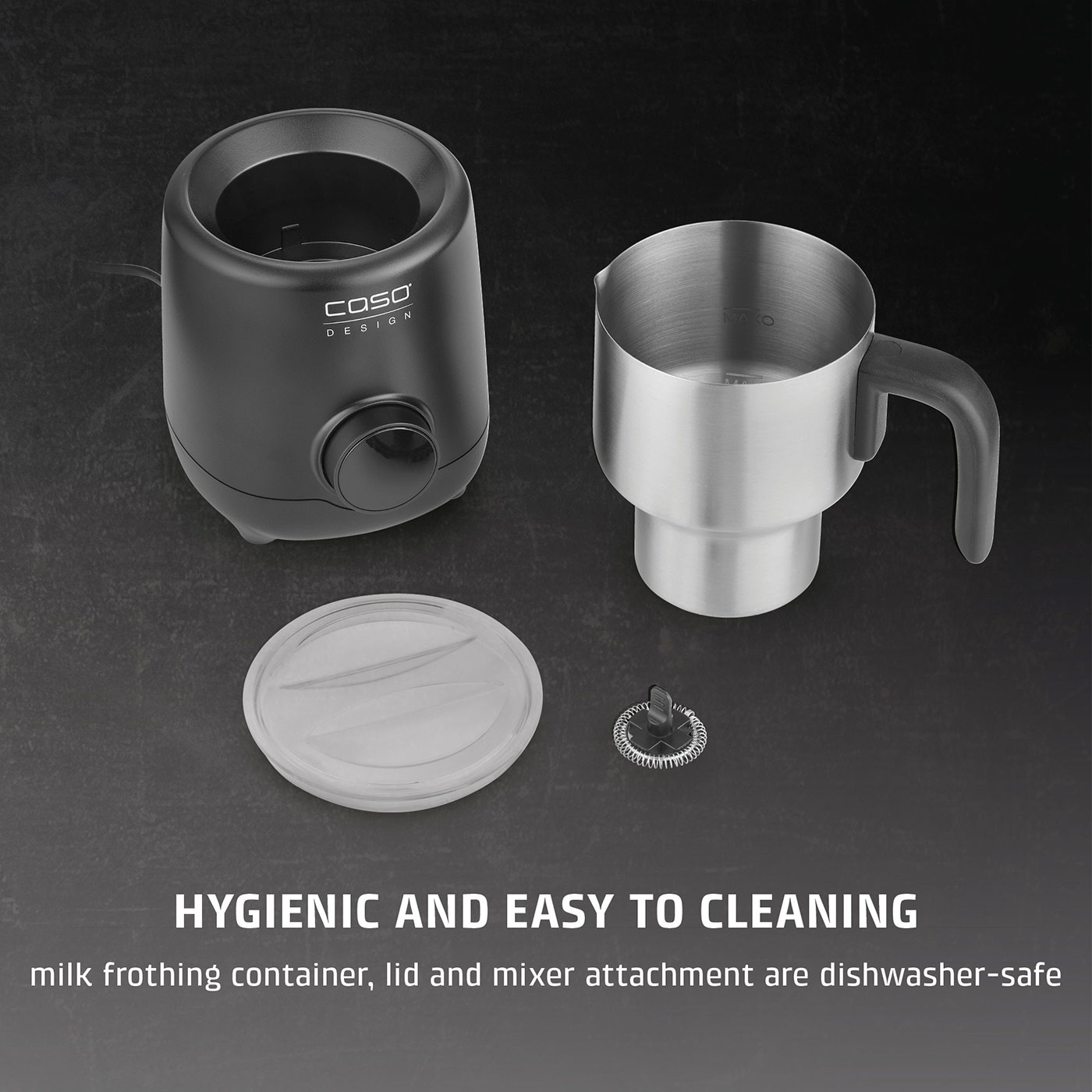 Milk frother with stainless steel container, lid and whisk. Hygienic and easy cleaning.