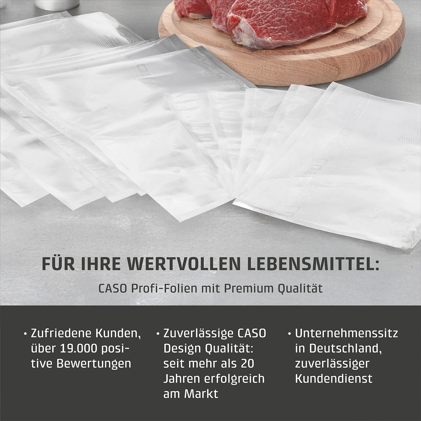 Lebensmittelverpackung mit Text: Zufriedene Kunden, Qualität, Unternehmenssitz in Deutschland