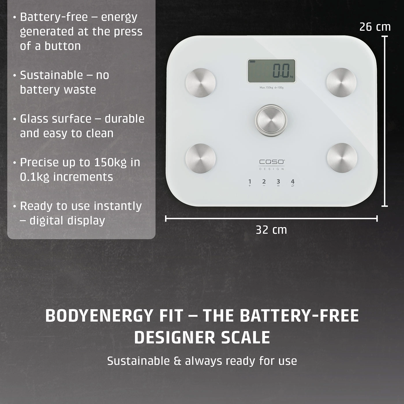 A white body scale with digital display and silver footpads, next to a list of its features and dimensions (26 cm x 32 cm).