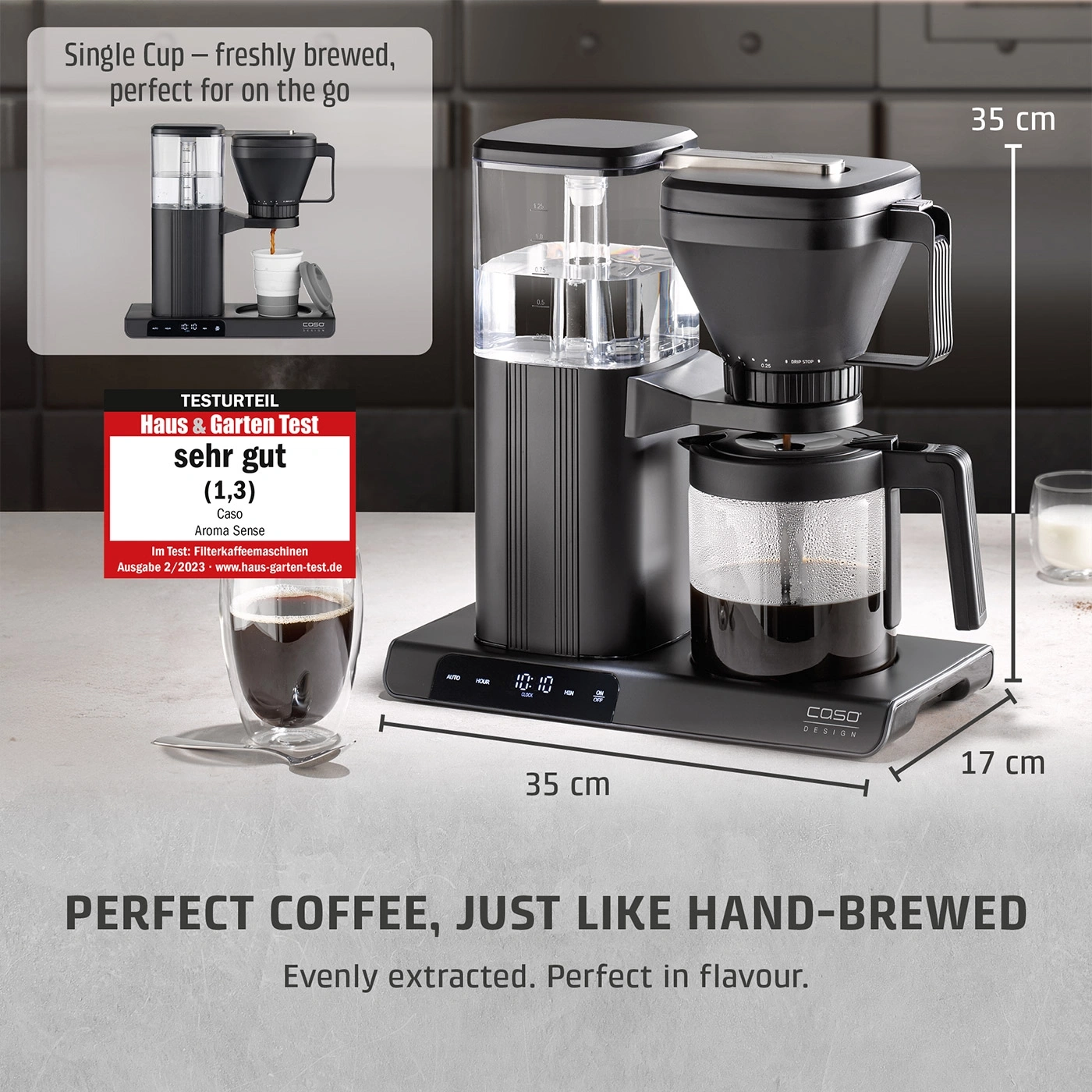 Coffee machine with glass carafe and digital display for coffee preparation