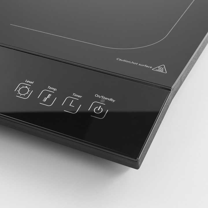 Black cooktop with control panel, level, temp, timer, on/standby, caution hot surface.