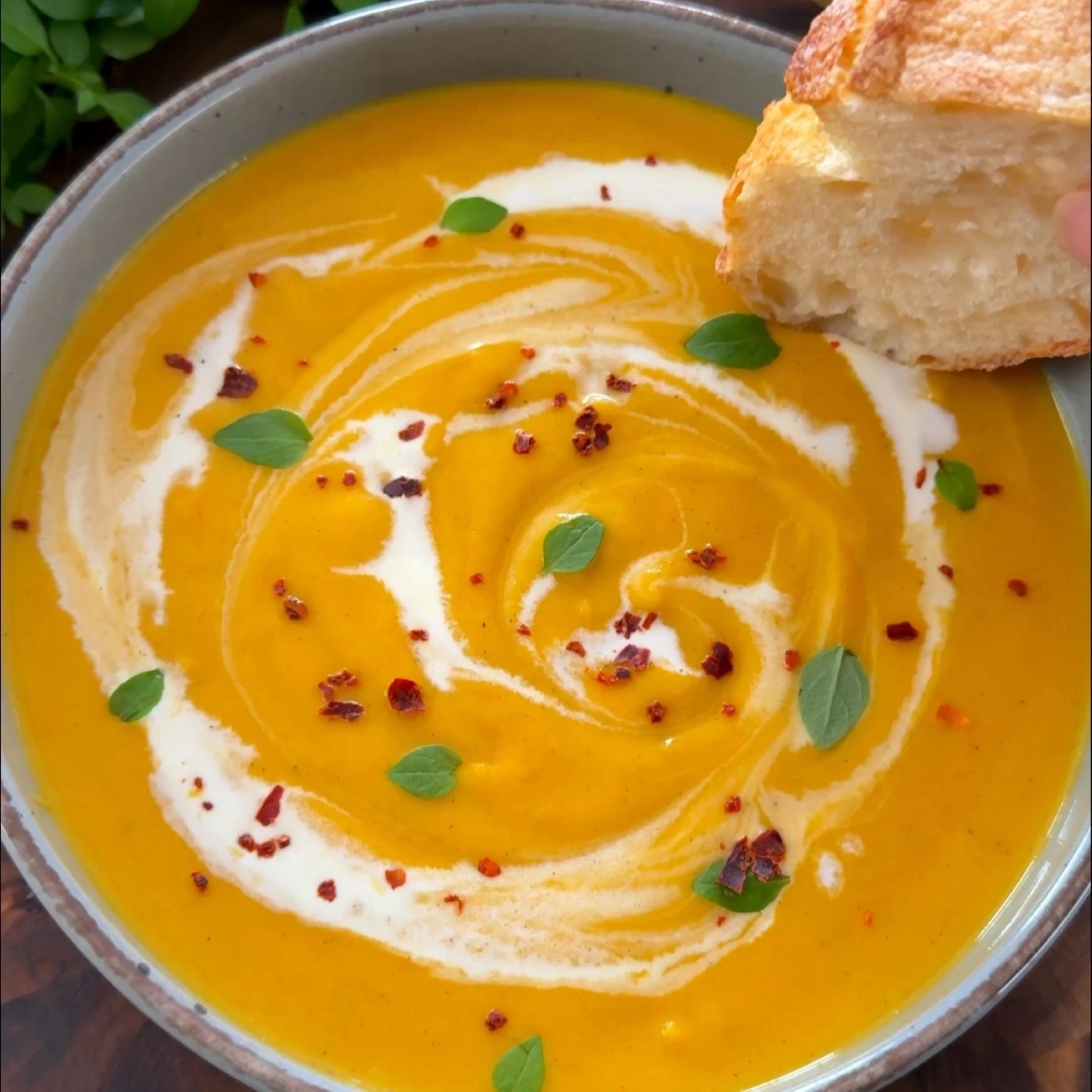 A bowl of creamy pumpkin soup with a swirl of cream and bread.