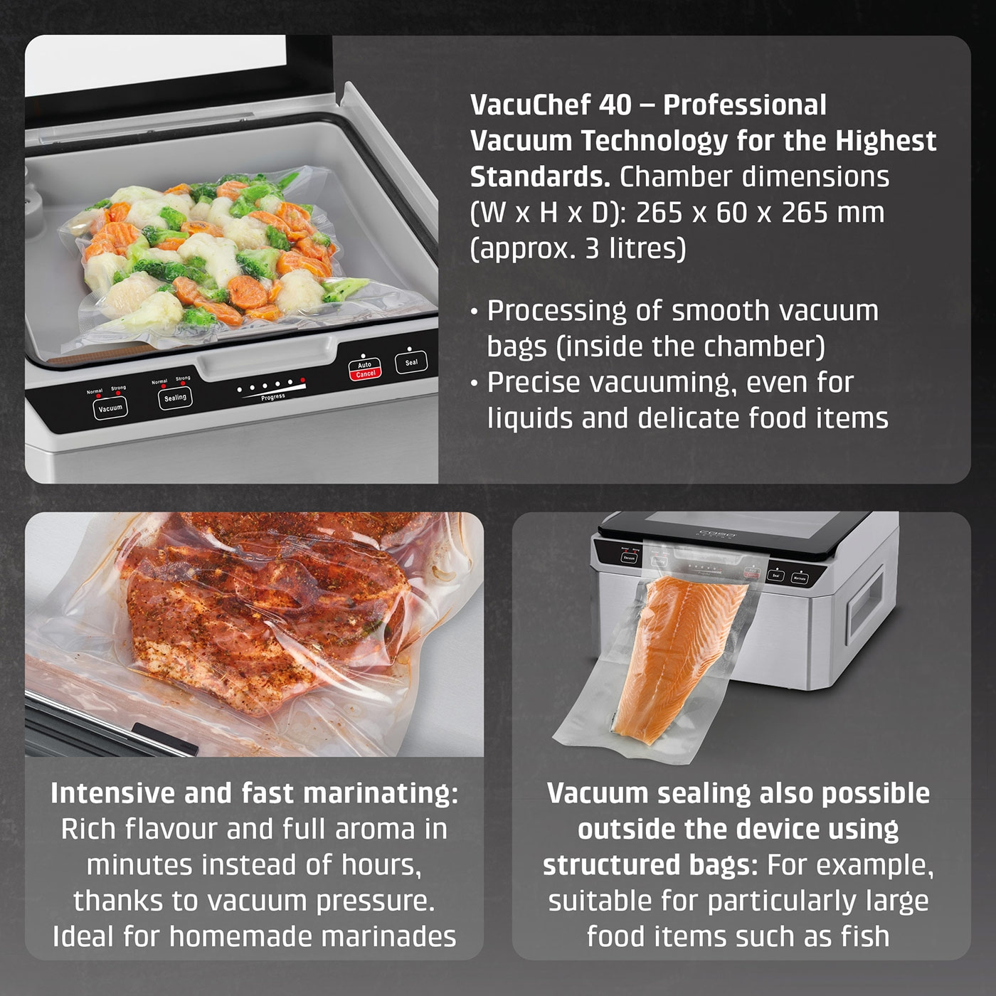 Vacuum sealer with vegetables, meat, and fish. Professional vacuum technology for food preservation.