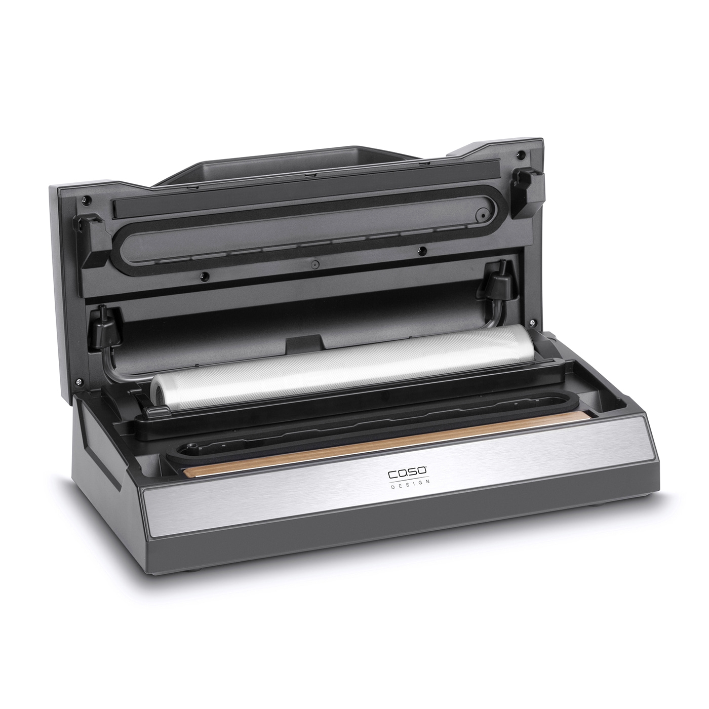 Vacuum sealer, open, with roll holder and silver front panel, Caso Design.