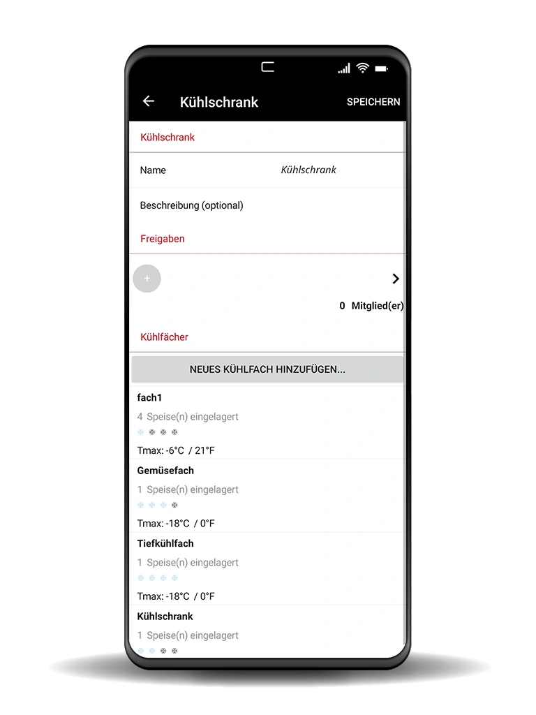Kühlschrank App: Übersicht über Kühlfächer und Einstellungen.