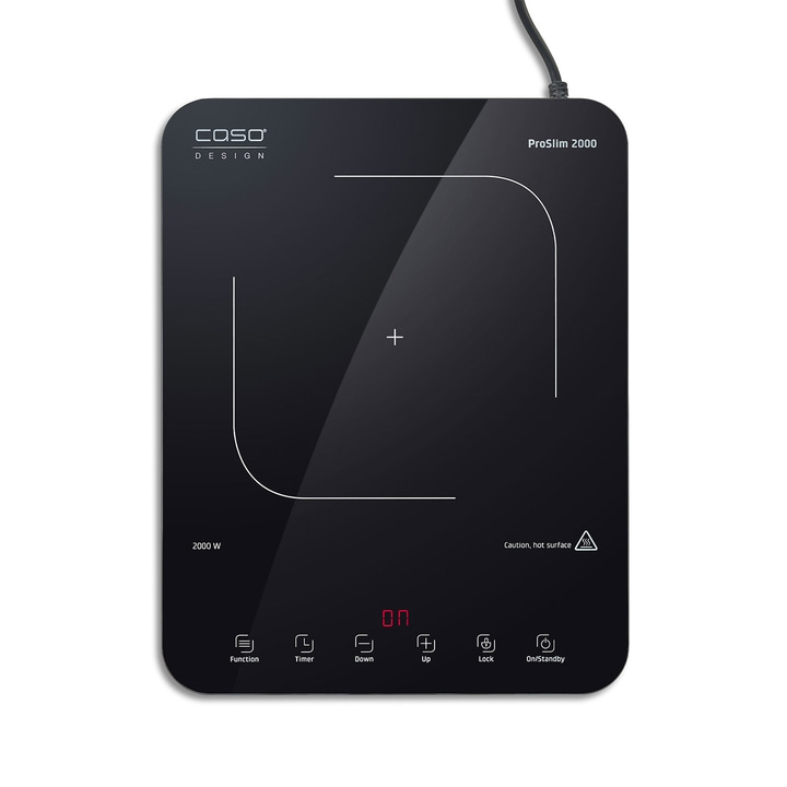 Schwarzes Induktionskochfeld mit Bedienfeld, ProSlim 2000, 2000W, Warnhinweis, Tasten.