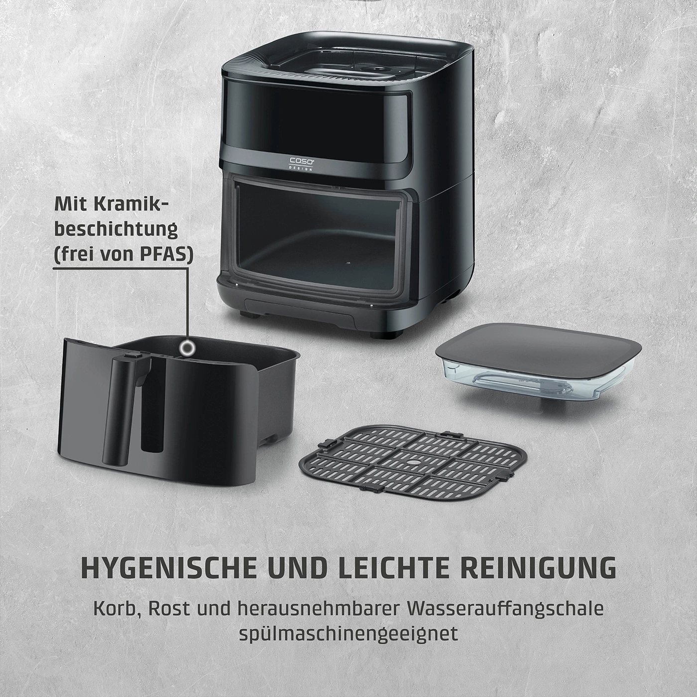 Schwarze Heißluftfritteuse mit Zubehör, hygienisch und leicht zu reinigen, spülmaschinengeeignet.