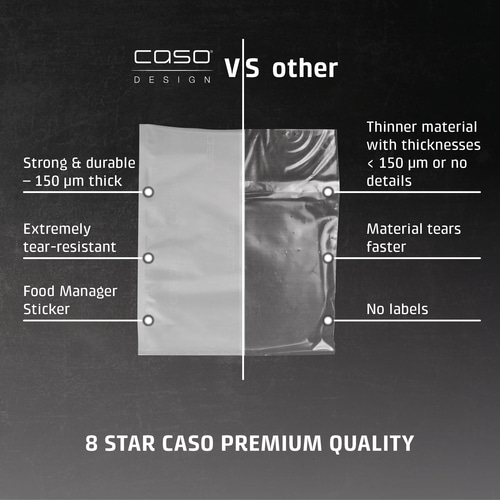 Comparison of CASO vacuum bags: Stronger, tear-resistant, with stickers.